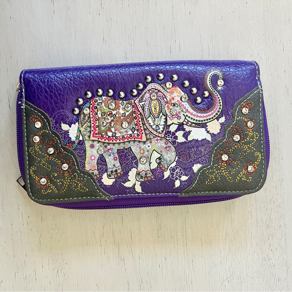 Purple Western Style Studded Wallet Bohemian Elephant Double Zipper Wristlet New - Picture 3 of 11